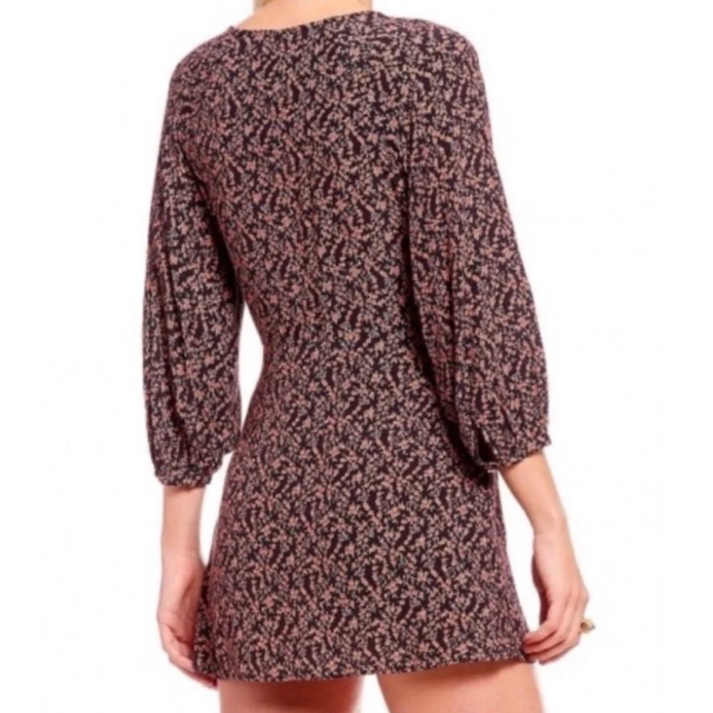 Free People Floral Tie Front Mini Dress Black Pink Boho V-Neck Size M‎